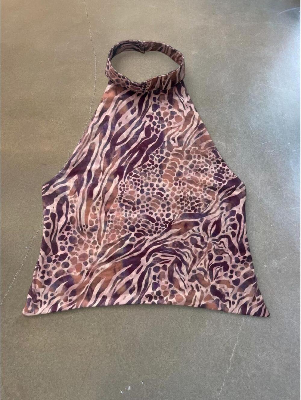 Y2K Brown Animal Print Halter Neck Top Open Back